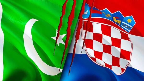 Pakistan and Croatia flags with scar concept. Waving flag,3D rendering. Pakistan and Croatia conflict concept. Pakistan Croatia relations concept. flag of Pakistan and Croatia crisis,war, attac