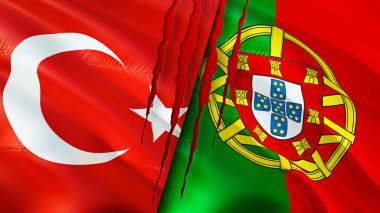 Yara izi olan Türkiye ve Portekiz bayrakları. Dalgalanan bayrak, 3 boyutlu görüntüleme. Türkiye ve Portekiz çatışma konsepti. Türkiye Portekiz ilişkileri kavramı. Türkiye bayrağı ve Portekiz krizi, savaş, saldırı konsepti