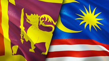 Sri Lanka ve Malezya bayrakları. 3 boyutlu dalgalanan bayrak tasarımı. Sri Lanka Malezya bayrağı, resim, duvar kağıdı. Sri Lanka, Malezya görüntüsüne karşı, 3D görüntüleme. Sri Lanka Malezya ilişkiler ittifakı