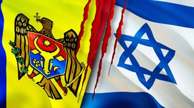 Yara izi olan Moldova ve İsrail bayrakları. Dalgalanan bayrak, 3 boyutlu görüntüleme. Moldova ve İsrail çatışma konsepti. Moldova İsrail ilişkileri kavramı. Moldova bayrağı ve İsrail krizi, savaş, saldırı konsepti