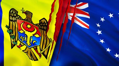 Moldova ve Cook Adaları yara izi olan bayraklar. Dalgalanan bayrak, 3 boyutlu görüntüleme. Moldova ve Cook Adaları çatışma konsepti. Moldova Cook Adaları ilişkileri kavramı. Moldova ve Cook Adası bayrağı