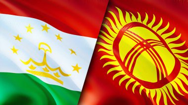 Tacikistan ve Kırgızistan bayrakları. 3 boyutlu dalgalanan bayrak tasarımı. Tacikistan Kırgızistan bayrağı, resim, duvar kağıdı. Tacikistan, Kırgızistan görüntüsüne karşı, 3D görüntüleme. Tacikistan Kırgızistan ilişkileri bir ittifak