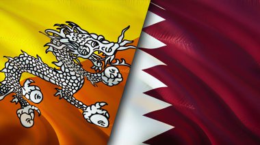 Butan ve Katar bayrakları. 3 boyutlu dalgalanan bayrak tasarımı. Butan Katar bayrağı, resim, duvar kağıdı. Bhutan Katar imajına karşı, 3D görüntüleme. Butan Katar ilişkileri ittifak ve ticaret, seyahat, turizm konsepti