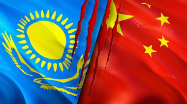 Kazakistan ve Çin bayrakları yara izi konseptiyle. Dalgalanan bayrak, 3 boyutlu görüntüleme. Kazakistan ve Çin çatışma konsepti. Kazakistan Çin ilişkileri kavramı. Kazakistan bayrağı ve Çin krizi, savaş, attac