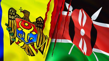 Yara izi olan Moldova ve Kenya bayrakları. Dalgalanan bayrak, 3 boyutlu görüntüleme. Moldova ve Kenya çatışma konsepti. Moldova Kenya ilişkileri kavramı. Moldova bayrağı ve Kenya krizi, savaş, saldırı konsepti