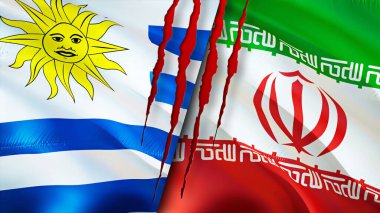 Yara izi olan Uruguay ve İran bayrakları. Dalgalanan bayrak, 3 boyutlu görüntüleme. Uruguay ve İran çatışma konsepti. Uruguay İran ilişkileri kavramı. Uruguay bayrağı ve İran krizi, savaş, saldırı konsepti
