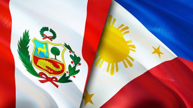 Peru ve Filipinler bayrakları. 3 boyutlu dalgalanan bayrak tasarımı. Peru Filipinler bayrağı, resim, duvar kağıdı. Peru Filipinler 'e karşı, görüntü 3 boyutlu. Peru Filipinler ilişkileri ittifak ve ticaret, seyahat, turnuva