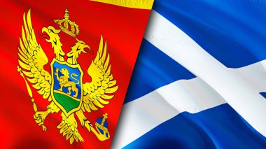 Karadağ ve İskoçya bayrakları. 3 boyutlu dalgalanan bayrak tasarımı. Karadağ İskoçya bayrağı, resim, duvar kağıdı. Karadağ, İskoçya imajına karşı, 3D görüntüleme. Karadağ İskoçya ilişkileri