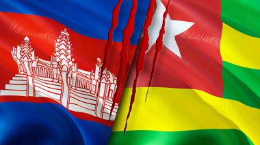 Kamboçya ve Togo bayrakları ve yara izi konsepti. Dalgalanan bayrak, 3 boyutlu görüntüleme. Kamboçya ve Togo çatışma konsepti. Kamboçya Togo ilişkileri kavramı. Kamboçya ve Togo bayrağı krizi, savaş, saldırı konsepti