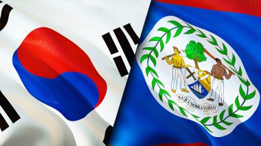 Güney Kore ve Belize bayrakları. 3 boyutlu dalgalanan bayrak tasarımı. Güney Kore Belize bayrağı, resim, duvar kağıdı. Güney Kore, Belize 'ye karşı, görüntü 3 boyutlu. Güney Kore İlişkiler İttifakı