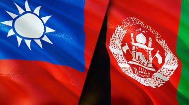 Tayvan ve Afganistan bayrakları. 3 boyutlu dalgalanan bayrak tasarımı. Tayvan Afganistan bayrağı, resim, duvar kağıdı. Tayvan, Afganistan 'a karşı görüntüsü, 3 boyutlu canlandırma. Tayvan-Afganistan ilişkileri