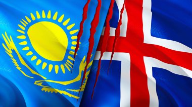 Kazakistan ve İzlanda yara izi olan bayraklar. Dalgalanan bayrak, 3 boyutlu görüntüleme. Kazakistan ve İzlanda çatışma konsepti. Kazakistan İzlanda ilişkileri kavramı. Kazakistan bayrağı ve İzlanda krizi, savaş