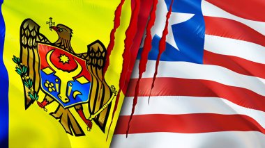 Yara izi olan Moldova ve Liberya bayrakları. Dalgalanan bayrak, 3 boyutlu görüntüleme. Moldova ve Liberya çatışma konsepti. Moldova Liberya ilişkileri kavramı. Moldova ve Liberya bayrağı krizi, savaş, saldırı konsepti