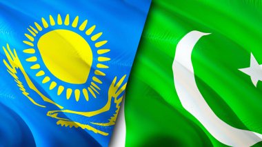 Kazakistan ve Pakistan bayrakları. 3 boyutlu dalgalanan bayrak tasarımı. Kazakistan Pakistan bayrağı, resim, duvar kağıdı. Kazakistan, Pakistan 'a karşı, görüntü 3 boyutlu. Kazakistan Pakistan ilişkiler ittifakı