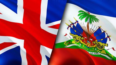 İngiltere ve Haiti bayrakları. 3 boyutlu dalgalanan bayrak tasarımı. Birleşik Krallık Haiti bayrağı, resim, duvar kağıdı. Birleşik Krallık, Haiti 'ye karşı, görüntü 3 boyutlu. Birleşik Krallık Haiti ilişkileri