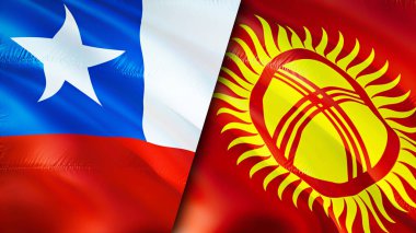 Şili ve Kırgızistan bayrakları. 3 boyutlu dalgalanan bayrak tasarımı. Şili Kırgızistan bayrağı, resim, duvar kağıdı. Şili, Kırgızistan 'a karşı, görüntü 3 boyutlu. Şili Kırgızistan ilişkileri ittifak ve ticaret, seyahat, turnuva