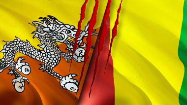 Bhutan ve Gine bayrakları ve yara izi konsepti. Dalgalanan bayrak, 3 boyutlu görüntüleme. Bhutan ve Gine çatışma konsepti. Bhutan Gine ilişkileri konsepti. Bhutan ve Gine bayrağı krizi, savaş, saldırı konsepti