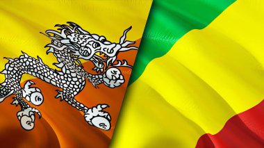 Bhutan ve Kongo bayrakları. 3 boyutlu dalgalanan bayrak tasarımı. Butan Kongo bayrağı, resim, duvar kağıdı. Bhutan, Kongo 'ya Karşı imajı, 3D görüntüleme. Bhutan Kongo ilişkileri ittifak ve ticaret, seyahat, turizm konsepti