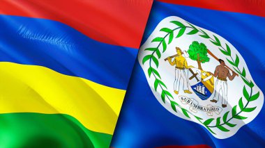 Mauritius ve Belize bayrakları. 3 boyutlu dalgalanan bayrak tasarımı. Mauritius Belize bayrağı, resim, duvar kağıdı. Mauritius, Belize 'e karşı, görüntü 3 boyutlu. Mauritius Belize İlişkiler ve Ticaret, Seyahat, Turnuva