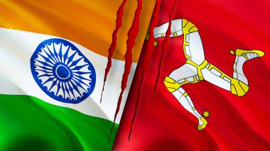 Hindistan ve Man Adası yara izi olan bayraklar. Dalgalanan bayrak, 3 boyutlu görüntüleme. Hindistan ve Man Adası çatışma konsepti. Hindistan Man Adası ilişkileri konsepti. Hindistan bayrağı ve Man Adası krizi, savaş, attac