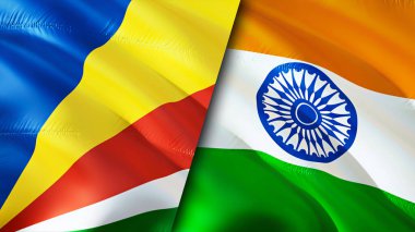 Seyşeller ve Hindistan bayrakları. 3 boyutlu dalgalanan bayrak tasarımı. Seyşeller Hindistan bayrağı, resim, duvar kağıdı. Seyşeller, Hindistan 'ın imajına karşı, 3D görüntüleme. Seyşeller Hindistan ilişkileri ittifak ve ticaret, seyahat, turnuva