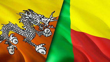 Butan ve Benin bayrakları. 3 boyutlu dalgalanan bayrak tasarımı. Butan Benin bayrağı, resim, duvar kağıdı. Bhutan, Benin imajına karşı, 3D görüntüleme. Bhutan Benin ilişkileri ittifak ve ticaret, seyahat, turizm konsepti
