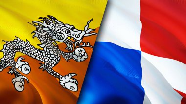 Butan ve Panama bayrakları. 3 boyutlu dalgalanan bayrak tasarımı. Butan Panama bayrağı, resim, duvar kağıdı. Bhutan, Panama 'ya karşı, görüntü 3 boyutlu. Butan Panama ilişkileri ittifak ve ticaret, seyahat, turizm konsepti