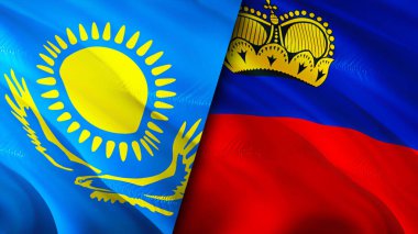 Kazakistan ve Liechtenstein bayrakları. 3 boyutlu dalgalanan bayrak tasarımı. Kazakistan Lihtenştayn bayrağı, resim, duvar kağıdı. Kazakistan, Lihtenştayn 'a karşı, görüntü 3D. Kazakistan Lihtenştayn ilişkisi