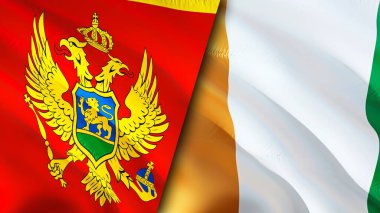 Karadağ ve Fildişi Sahili bayrakları. 3 boyutlu dalgalanan bayrak tasarımı. Karadağ Fildişi Sahili bayrağı, resim, duvar kağıdı. Karadağ, Cote d 'Ivoire' a karşı, görüntü 3D. Karadağ Fildişi Filosu İlişkisi