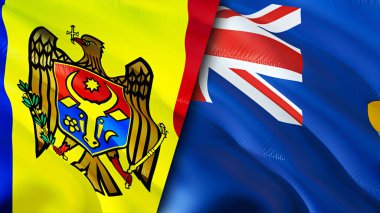 Moldova ve Saint Helena bayrakları. 3 boyutlu dalgalanan bayrak tasarımı. Moldova Saint Helena bayrağı, resim, duvar kağıdı. Moldova, Saint Helena imajına karşı, 3D görüntüleme. Moldova Saint Helena İlişkiler Birliği