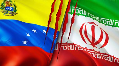 Venezuela ve İran yara izi kavramına sahip bayraklar. Dalgalanan bayrak, 3 boyutlu görüntüleme. Venezuela ve İran çatışma konsepti. Venezuela İran ilişkileri kavramı. Venezuela ve İran bayrağı kriz, savaş, saldırı konsepti