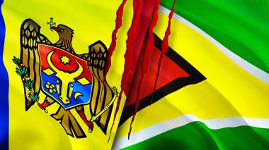 Yara izi olan Moldova ve Guyana bayrakları. Dalgalanan bayrak, 3 boyutlu görüntüleme. Moldova ve Guyana çatışma konsepti. Moldova Guyana ilişkileri kavramı. Moldova ve Guyana bayrağı krizi, savaş, saldırı konsepti