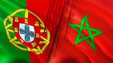 Portekiz ve Fas bayraklarında yara izi var. Dalgalanan bayrak, 3 boyutlu görüntüleme. Portekiz ve Fas çatışma konsepti. Portekiz Fas ilişkileri kavramı. Portekiz bayrağı ve Fas krizi, savaş, attac