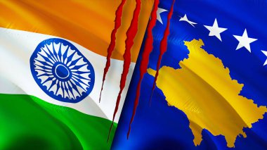 Yara izi kavramına sahip Hindistan ve Kosova bayrakları. Dalgalanan bayrak, 3 boyutlu görüntüleme. Hindistan ve Kosova ihtilaf kavramı. Hindistan Kosova ilişkileri kavramı. Hindistan bayrağı ve Kosova krizi, savaş, saldırı konsepti