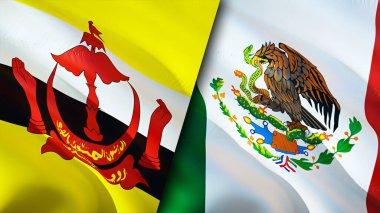 Brunei ve Meksika bayrakları. 3 boyutlu dalgalanan bayrak tasarımı. Brunei Meksika bayrağı, resim, duvar kağıdı. Brunei, Meksika 'ya karşı, görüntü 3 boyutlu. Brunei Meksika ilişkileri ittifak ve ticaret, seyahat, turizm konsepti