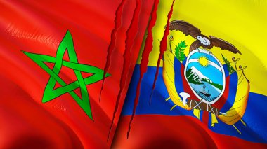 Fas ve Ekvador bayraklarında yara izi var. Dalgalanan bayrak, 3 boyutlu görüntüleme. Fas ve Ekvador çatışması konsepti. Fas Ekvador ilişkileri kavramı. Fas ve Ekvador bayrağı krizi, savaş, saldırı konsepti