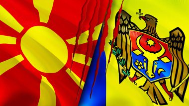Yara izi kavramına sahip Kuzey Makedonya ve Moldova bayrakları. Dalgalanan bayrak, 3 boyutlu görüntüleme. Kuzey Makedonya ve Moldova ihtilafı kavramı. Kuzey Makedonya Moldova ilişkileri kavramı. Kuzey Makedonya bayrağı