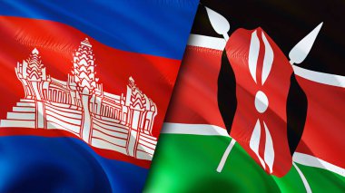 Kamboçya ve Kenya bayrakları. 3 boyutlu dalgalanan bayrak tasarımı. Kamboçya Kenya bayrağı, resim, duvar kağıdı. Kamboçya Kenya 'ya karşı, görüntü 3 boyutlu. Kamboçya Kenya ilişkileri ittifak ve ticaret, seyahat, turizm konsepti