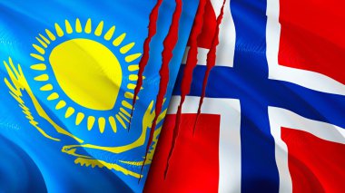 Kazakistan ve Norveç bayraklarında yara izi var. Dalgalanan bayrak, 3 boyutlu görüntüleme. Kazakistan ve Norveç çatışma konsepti. Kazakistan Norveç ilişkileri kavramı. Kazakistan bayrağı ve Norveç krizi, savaş, attac