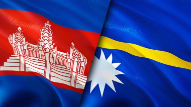 Kamboçya ve Nauru bayrakları. 3 boyutlu dalgalanan bayrak tasarımı. Kamboçya Nauru bayrağı, resim, duvar kağıdı. Kamboçya, Nauru 'ya karşı, 3 boyutlu görüntü. Kamboçya Nauru ilişkileri ittifak ve ticaret, seyahat, turizm konsepti