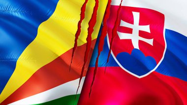Seyşeller ve Slovakya bayrakları yara izi konseptiyle. Dalgalanan bayrak, 3 boyutlu görüntüleme. Seyşeller ve Slovakya çatışma konsepti. Seyşeller Slovakya ilişkileri kavramı. Seyşeller ve Slovaki bayrağı