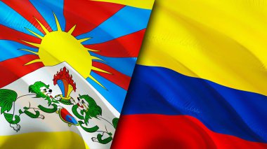 Tibet ve Kolombiya bayrakları ve yara izi konsepti. Dalgalanan bayrak, 3 boyutlu görüntüleme. Tibet ve Kolombiya çatışma konsepti. Tibet Kolombiya ilişkileri kavramı. Tibet ve Kolombiya bayrağı krizi, savaş, saldırı konsepti
