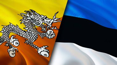 Butan ve Estonya bayrakları. 3 boyutlu dalgalanan bayrak tasarımı. Butan Estonya bayrağı, resim, duvar kağıdı. Butan, Estonya imajına karşı, 3D görüntüleme. Butan Estonya ilişkileri ittifak ve ticaret, seyahat, turizm konsepti