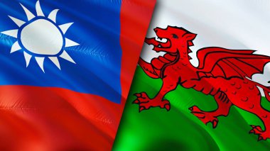 Tayvan ve Galler bayrakları. 3 boyutlu dalgalanan bayrak tasarımı. Tayvan bayrağı, resim, duvar kağıdı. Tayvan, Galler 'e karşı, görüntü 3 boyutlu. Tayvan Galler ilişkileri ittifak ve ticaret, seyahat, turizm konsepti