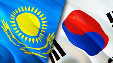 Kazakistan ve Güney Kore bayrakları. 3 boyutlu dalgalanan bayrak tasarımı. Kazakistan Güney Kore bayrağı, resim, duvar kağıdı. Kazakistan, Güney Kore imajına karşı, 3 boyutlu görüntüleme. Kazakistan Güney Kore ilişkileri