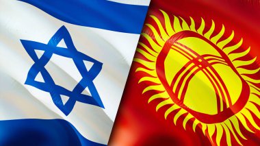 İsrail ve Kırgızistan bayrakları. 3 boyutlu dalgalanan bayrak tasarımı. Kırgızistan bayrağı, resim, duvar kağıdı. İsrail, Kırgızistan 'a karşı, görüntü 3 boyutlu. İsrail Kırgızistan ilişkileri ittifak ve ticaret, seyahat, turnuva