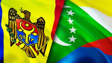 Moldova ve Komoros bayrakları. 3 boyutlu dalgalanan bayrak tasarımı. Moldova Komoros bayrağı, resim, duvar kağıdı. Moldova, Comoros 'a karşı, görüntü 3 boyutlu. Moldova Comoros ilişkileri ittifak ve ticaret, seyahat, turizm konsepti