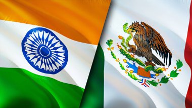 Hindistan ve Meksika bayrakları. 3 boyutlu dalgalanan bayrak tasarımı. Hindistan Meksika bayrağı, resim, duvar kağıdı. Hindistan, Meksika imajına karşı, 3D görüntüleme. Hindistan Meksika ilişkileri ittifak ve ticaret, seyahat, turizm konsepti