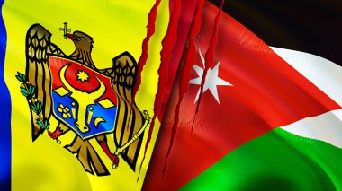 Yara izi olan Moldova ve Ürdün bayrakları. Dalgalanan bayrak, 3 boyutlu görüntüleme. Moldova ve Ürdün çatışma konsepti. Moldova Ürdün ilişkileri kavramı. Moldova ve Ürdün bayrağı krizi, savaş, saldırı konsepti