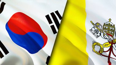 Güney Kore ve Vatikan bayrakları. 3 boyutlu dalgalanan bayrak tasarımı. Güney Kore Vatikan bayrağı, resim, duvar kağıdı. Güney Kore, Vatikan imajına karşı, 3 boyutlu canlandırma. Güney Kore Vatikan ilişkileri bir ittifak